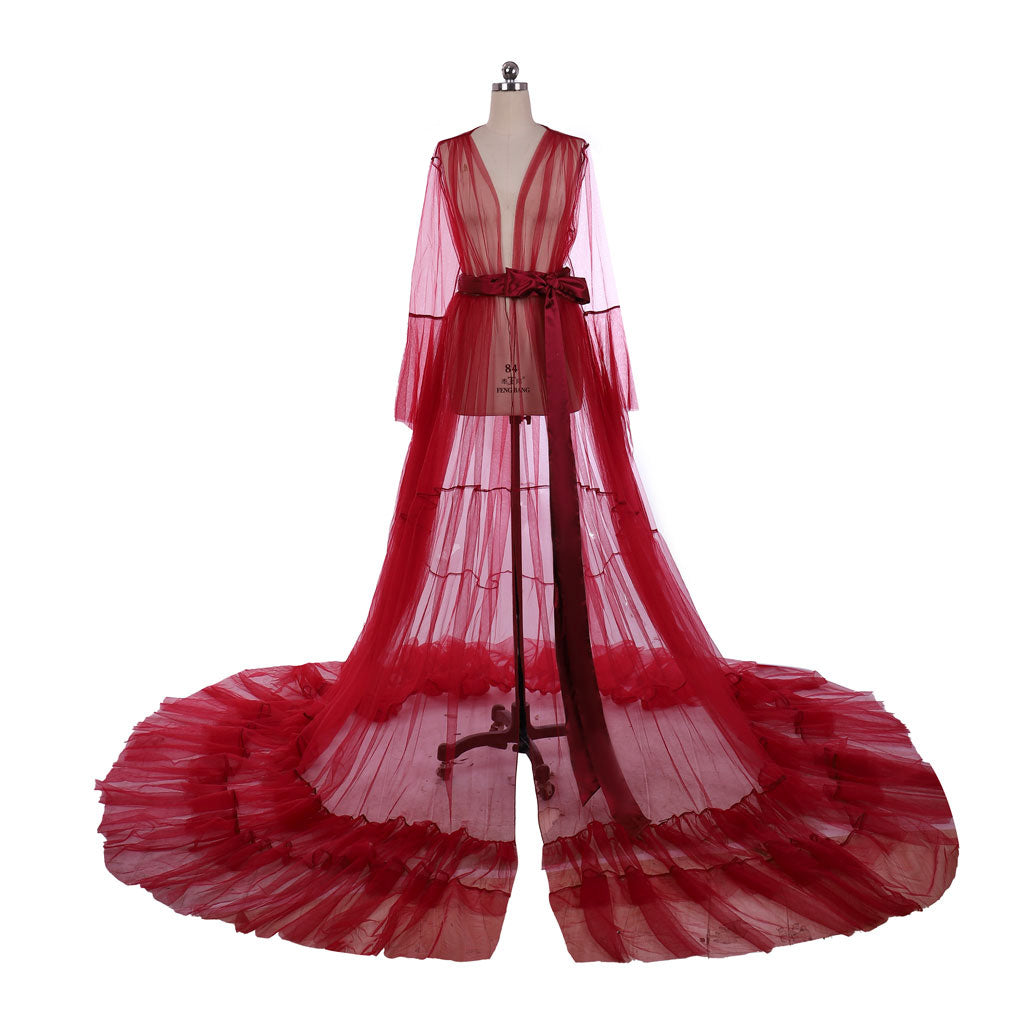 Astricos 18th Century Medieval Red Tulle Bridal Boudoir Robe with Sheer Illusion - Astricos