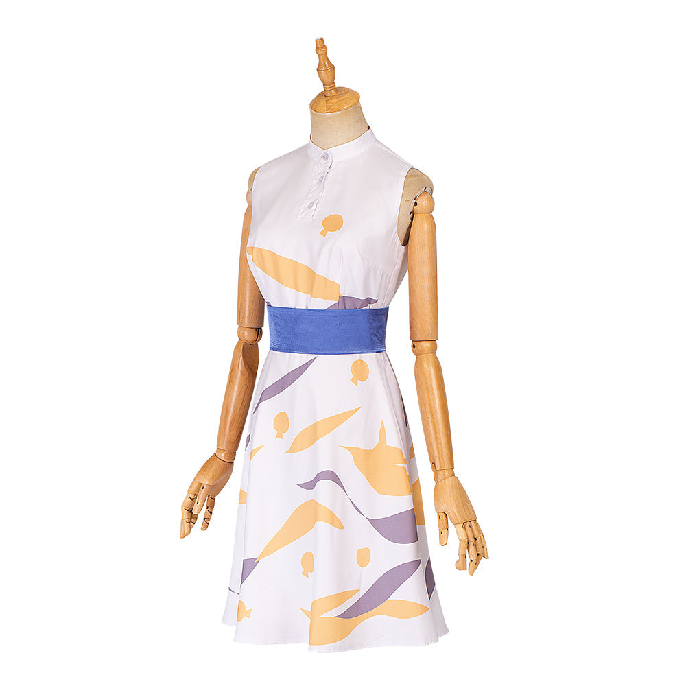 Stylish Astricos Female Leading Role Cosplay Costume - White Sleeveless Dress with Elegant Prints - Astricos