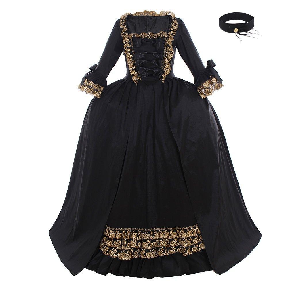 18th Century Rococo Black Dress: Exquisite Astricos Cosplay Costume with Golden Lace - Astricos