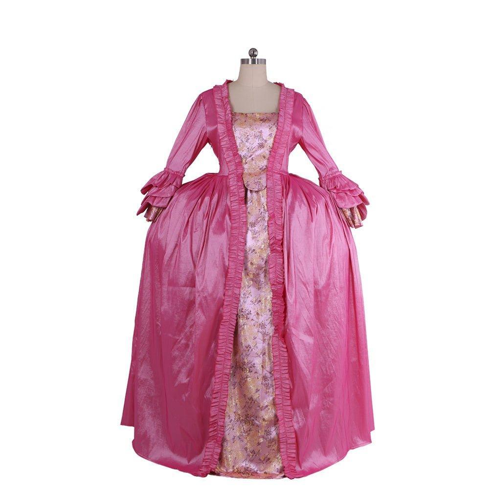 18th Century Rococo Pink Dress - Exquisite Embroidered Long Sleeve Gown with Delicate Floral Detailing - Astricos