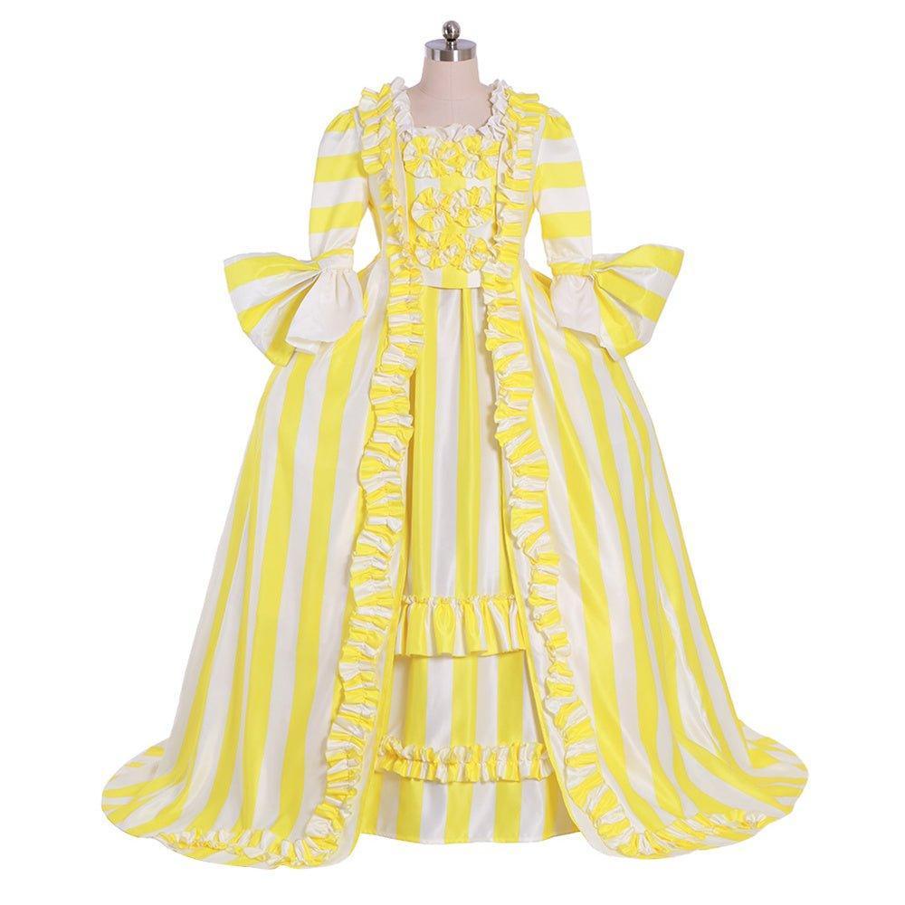 18th Century Rococo Striped Dress - Vibrant Yellow and White with Ruffles and Pleats by Astricos - Astricos