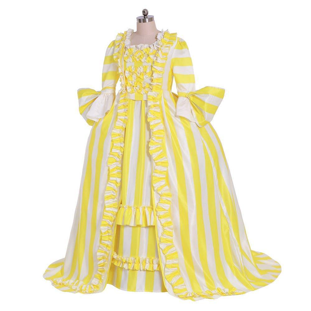 18th Century Rococo Striped Dress - Vibrant Yellow and White with Ruffles and Pleats by Astricos - Astricos