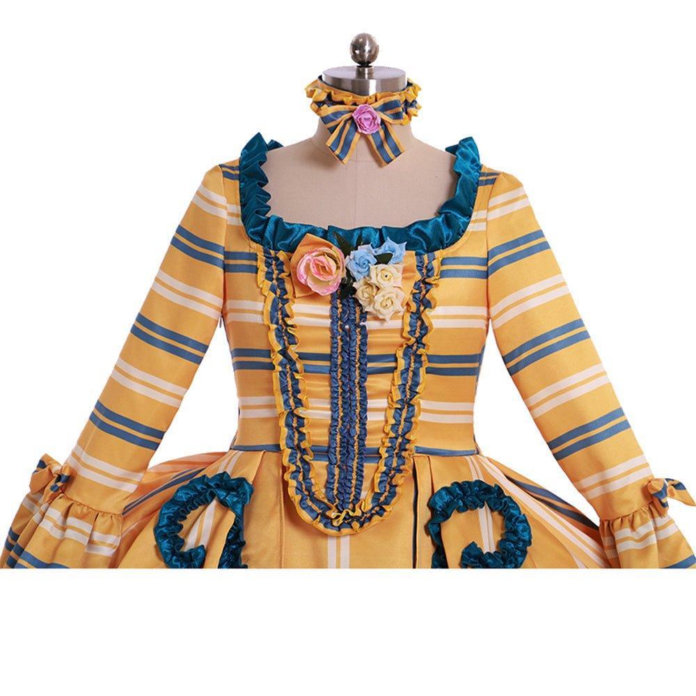 18th Century Rococo Yellow Wedding Gown - Exquisite Striped Elegance with Blue Florals - Astricos