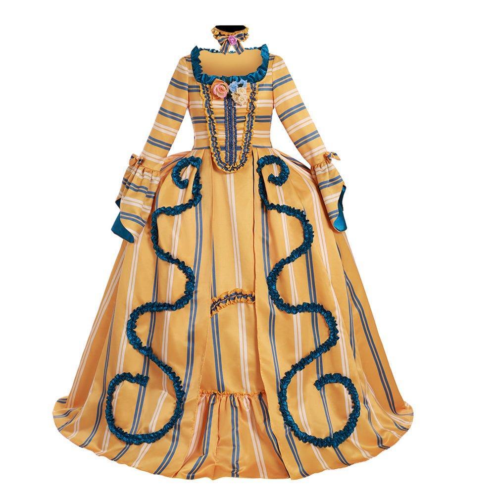 18th Century Rococo Yellow Wedding Gown - Exquisite Striped Elegance with Blue Florals - Astricos