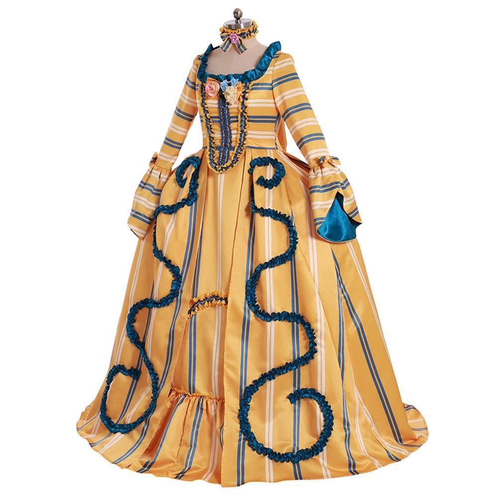 18th Century Rococo Yellow Wedding Gown - Exquisite Striped Elegance with Blue Florals - Astricos