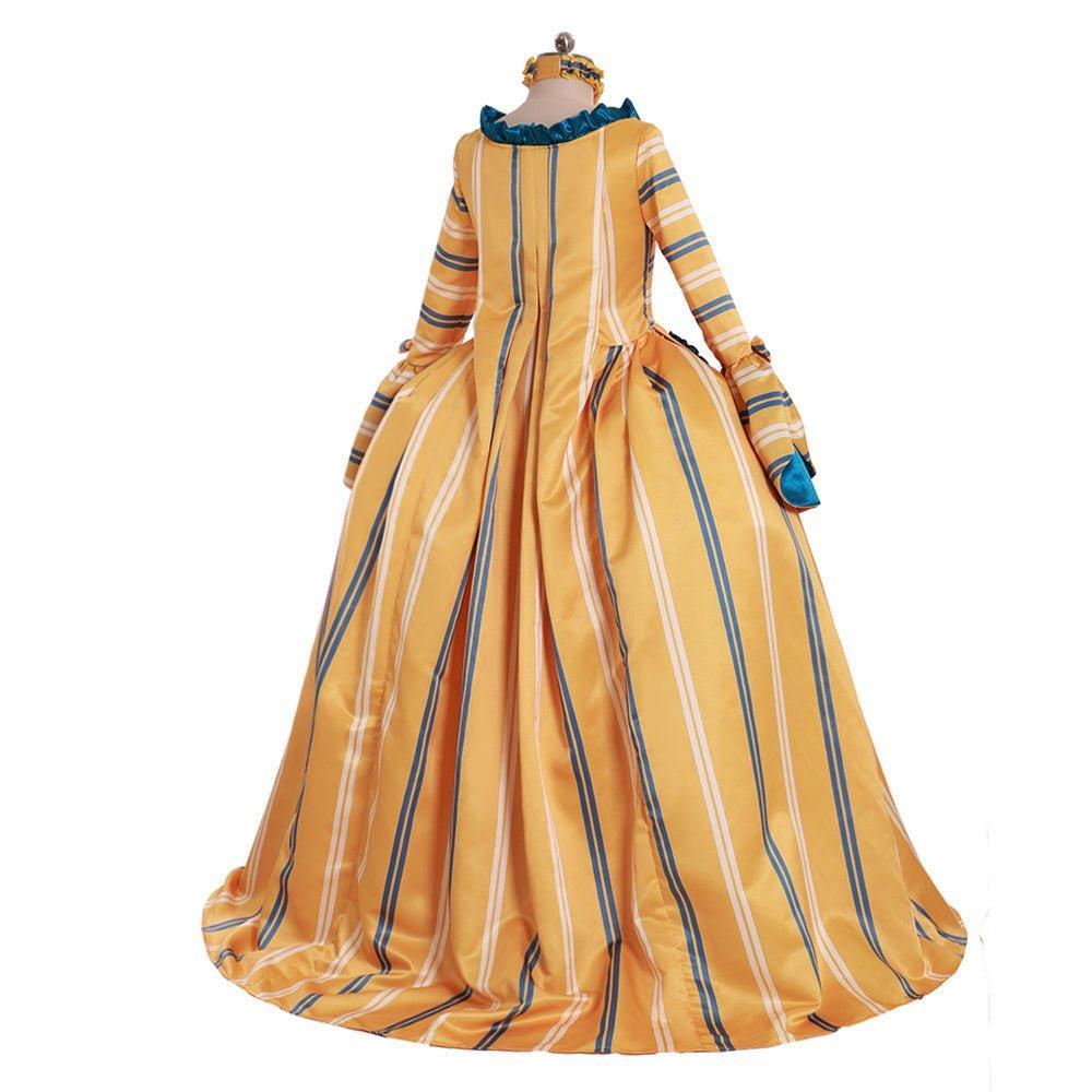 18th Century Rococo Yellow Wedding Gown - Exquisite Striped Elegance with Blue Florals - Astricos