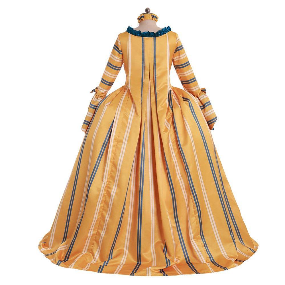 18th Century Rococo Yellow Wedding Gown - Exquisite Striped Elegance with Blue Florals - Astricos