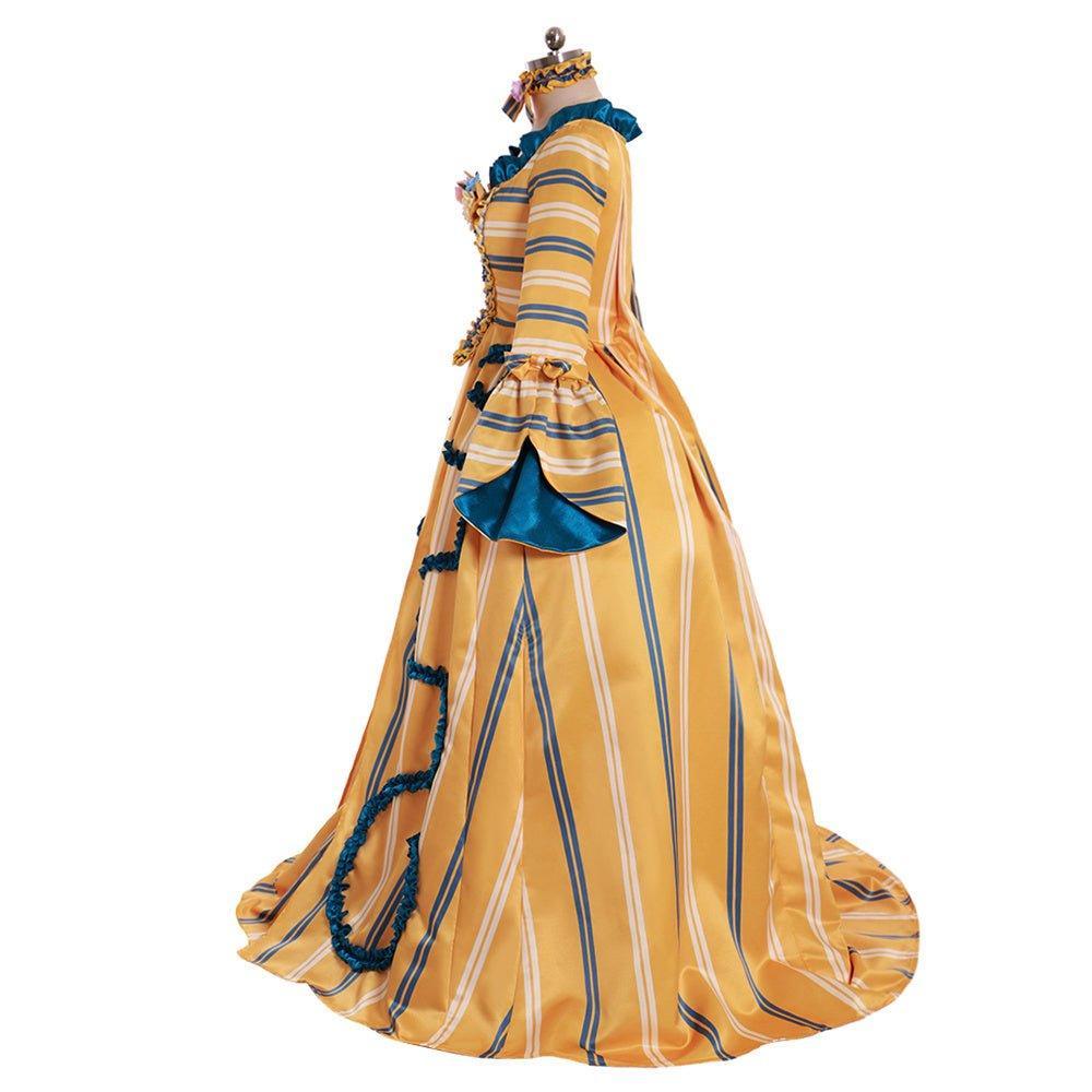 18th Century Rococo Yellow Wedding Gown - Exquisite Striped Elegance with Blue Florals - Astricos