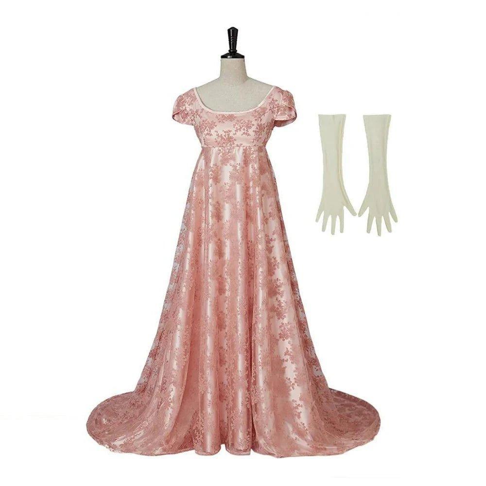 18th Century Women's High Waistline Pink Dress with Gloves - Exquisite Elegance for Special Events - Astricos