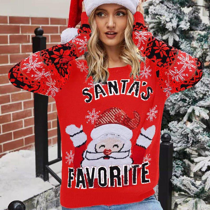 2023 Astricos Women's Christmas Santa Embroidered Pullover Sweater - Festive Crew Neck Knitted Sweater for Women - Astricos