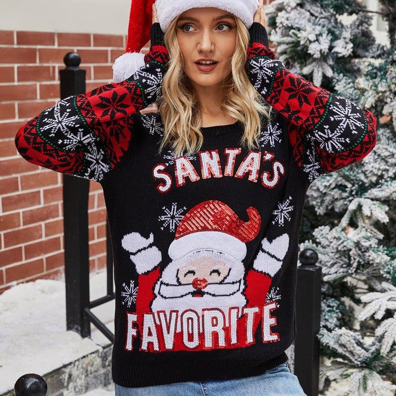 2023 Astricos Women's Christmas Santa Embroidered Pullover Sweater - Festive Crew Neck Knitted Sweater for Women - Astricos