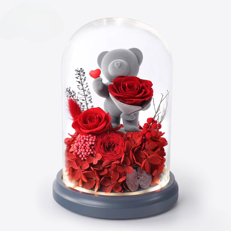 Astricos Timeless Love Eternal Flower Gift - Exquisite Rose Bouquet with Cute Bear and Bunny for Special Occasions - Astricos