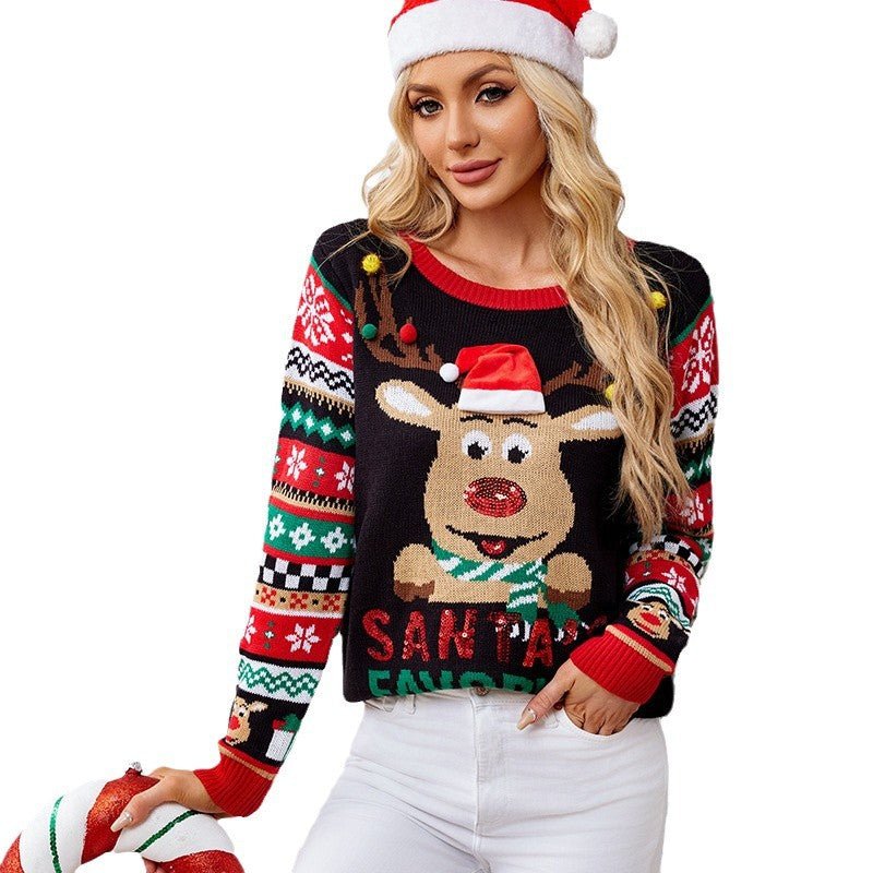 3D Reindeer Pom-Pom Christmas Sweater – Sequin Embroidery Round Neck Knitwear for Fall and Winter by Astricos - Astricos