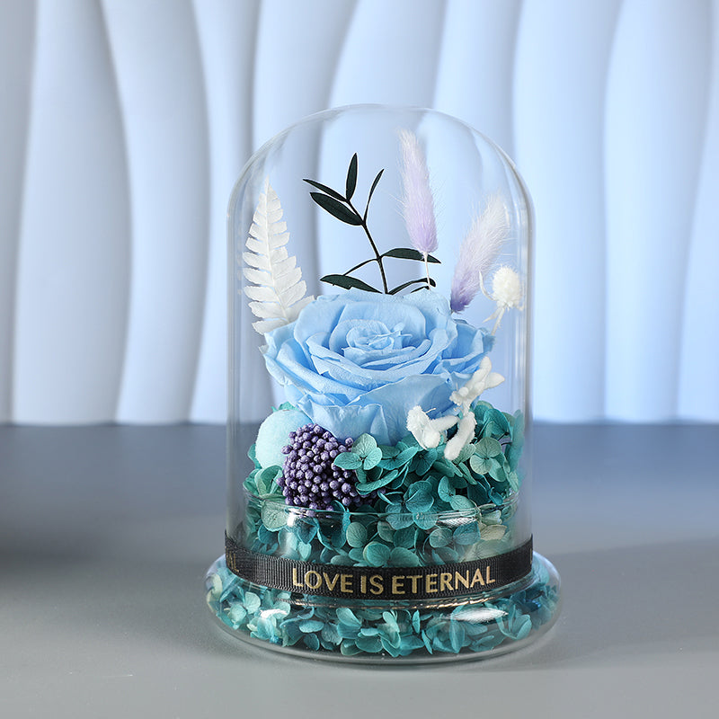 Astricos Timeless Preserved Rose Glass Dome Gift Box - Mystic Blue Enchanted Rose Bouquet for Special Occasions - Astricos