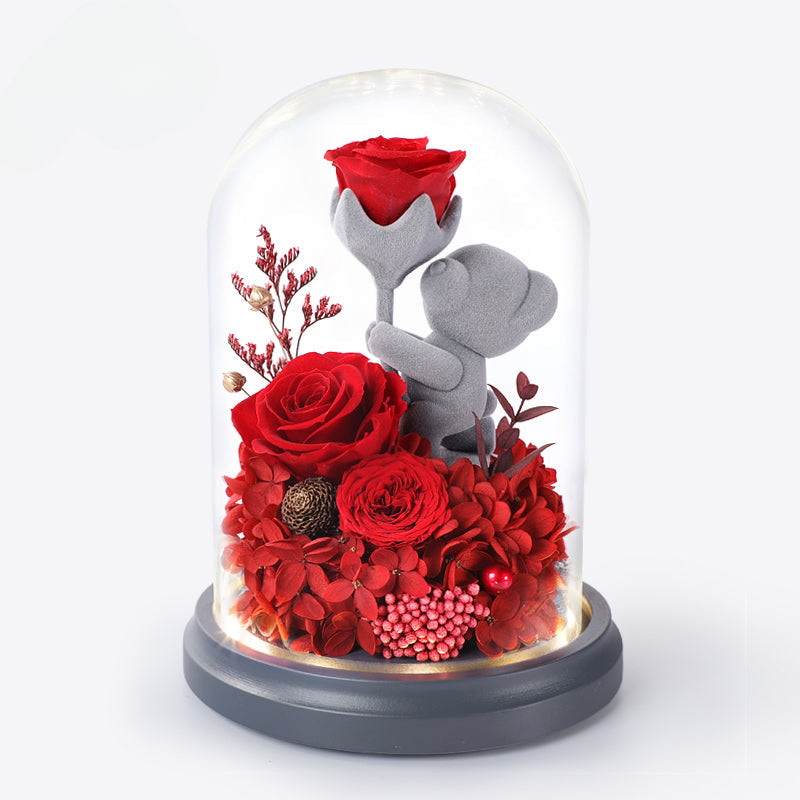 Astricos Timeless Love Eternal Flower Gift - Exquisite Rose Bouquet with Cute Bear and Bunny for Special Occasions - Astricos