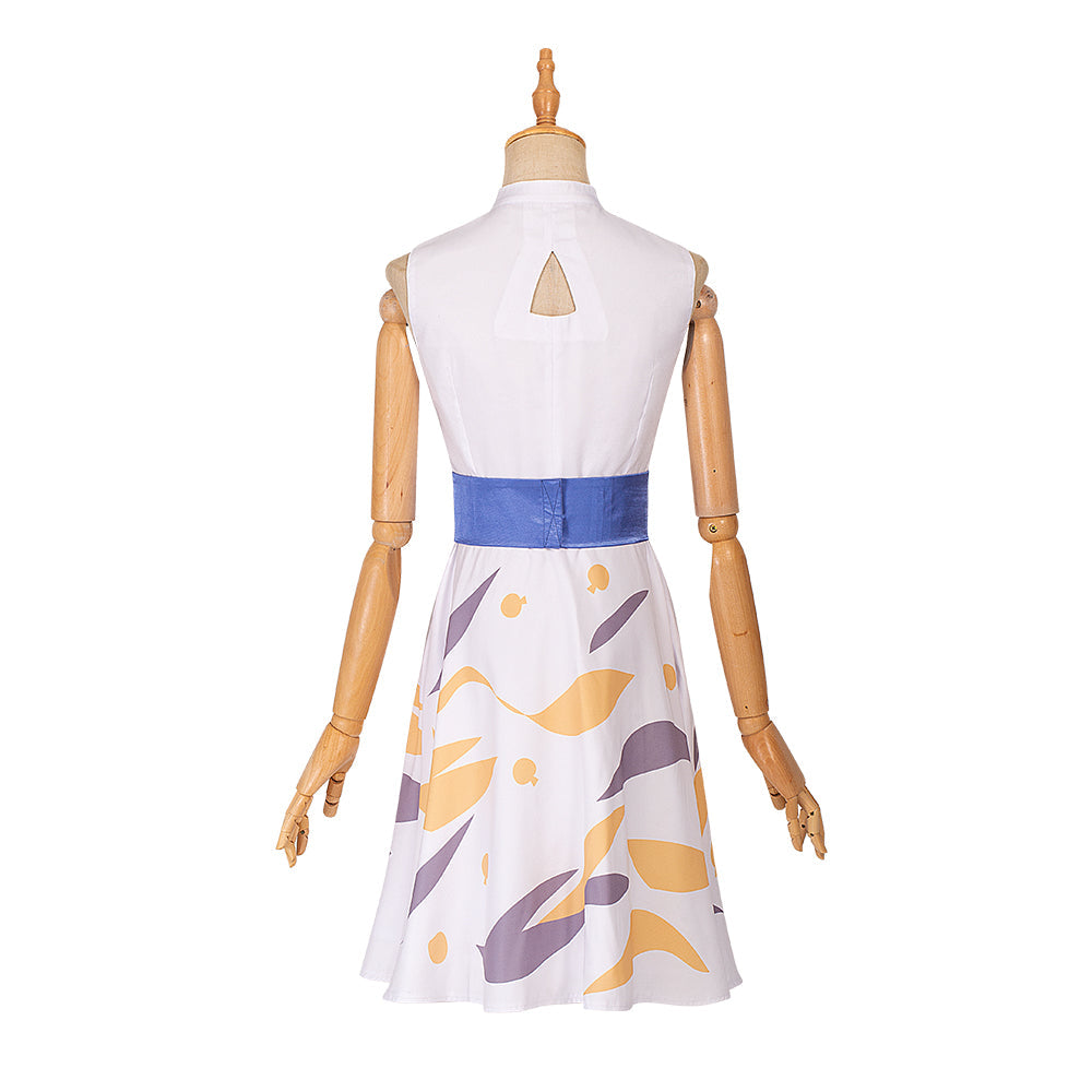 Stylish Astricos Female Leading Role Cosplay Costume - White Sleeveless Dress with Elegant Prints - Astricos