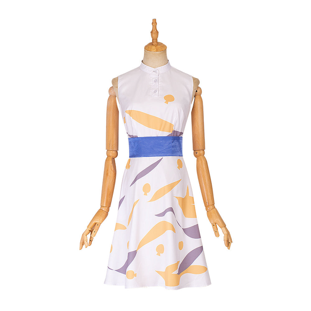 Stylish Astricos Female Leading Role Cosplay Costume - White Sleeveless Dress with Elegant Prints - Astricos