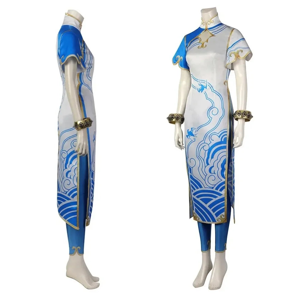 Astricos Chun-Li Cosplay Street Fighter Elegant Blue Cheongsam Dress Battle Suit for Women - Astricos