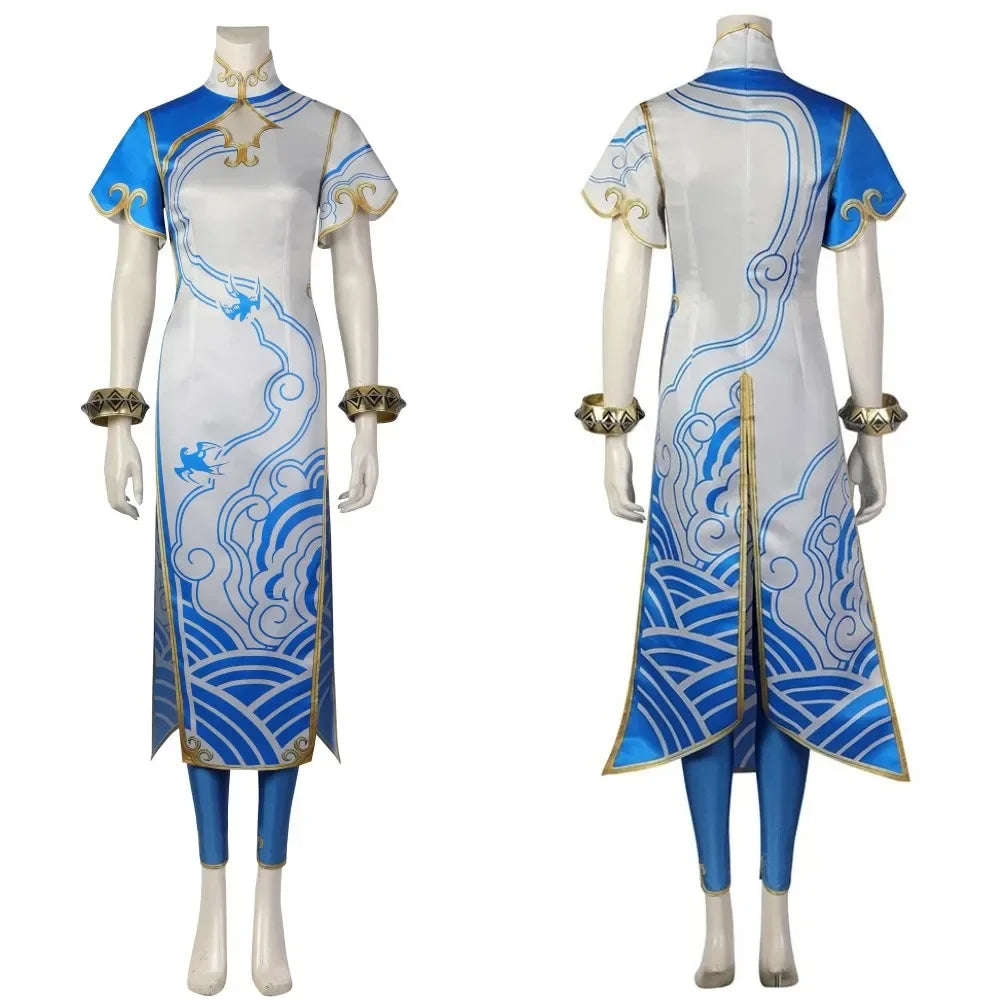 Astricos Chun-Li Cosplay Street Fighter Elegant Blue Cheongsam Dress Battle Suit for Women - Astricos