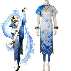 Astricos Chun-Li Cosplay Street Fighter Elegant Blue Cheongsam Dress Battle Suit for Women - Astricos