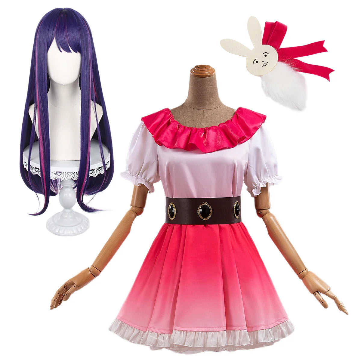 Astricos Anime Ai Hoshino Cosplay Costume - Gradient Pink Dress, Bunny Hairpin, and Wig Set - Astricos