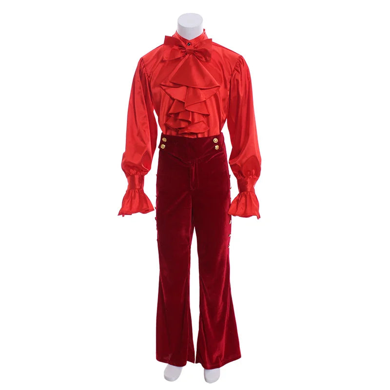 Elegant Astricos Medieval Renaissance Red Ruffle Shirt & Pants Set - Noble Prince Fashion for Men - Astricos