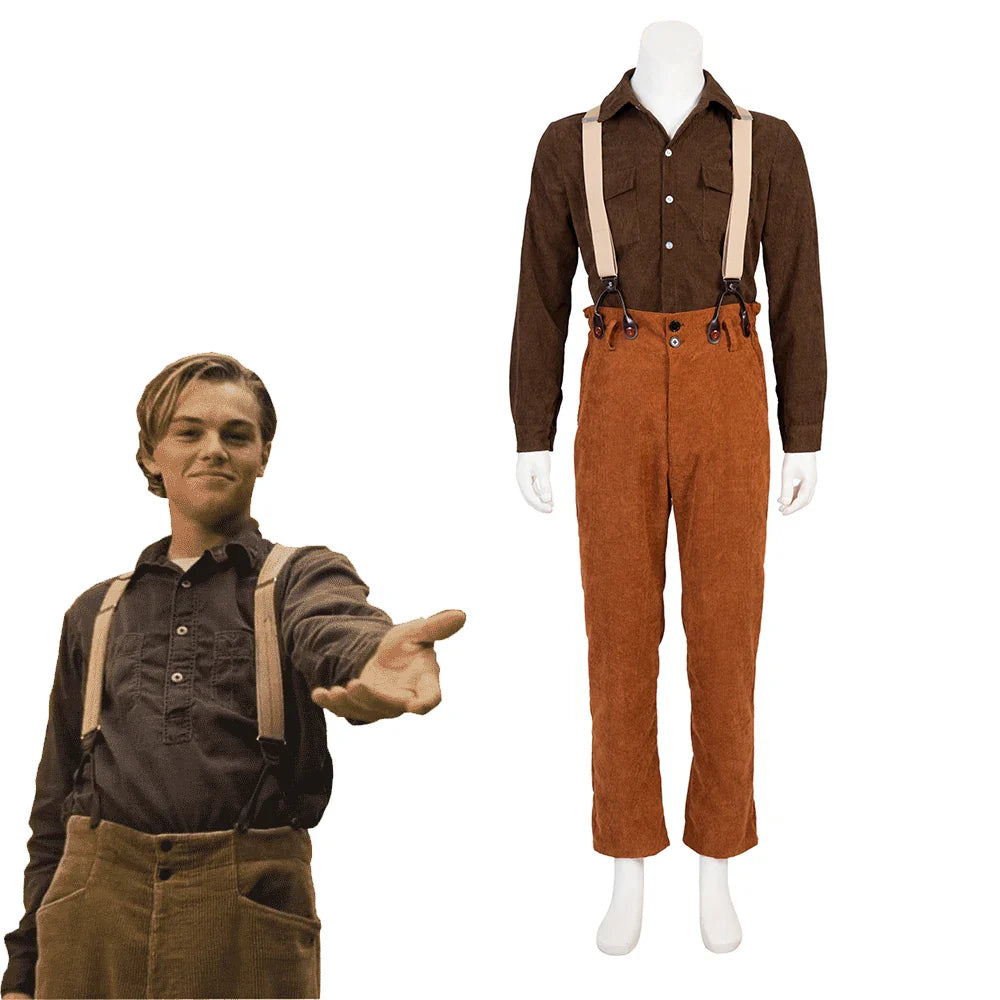 Astricos Titanic Cosplay Jack Dawson Costume Men's Shirt Overalls Pants Set for Halloween Carnival - Astricos