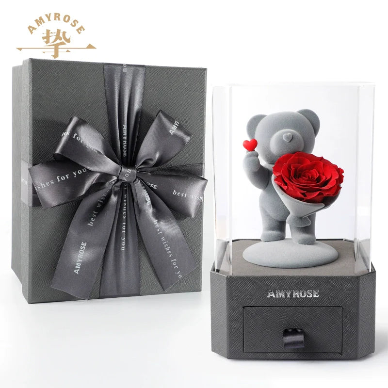 Astricos Timeless Love Eternal Flower Gift - Exquisite Rose Bouquet with Cute Bear and Bunny for Special Occasions - Astricos