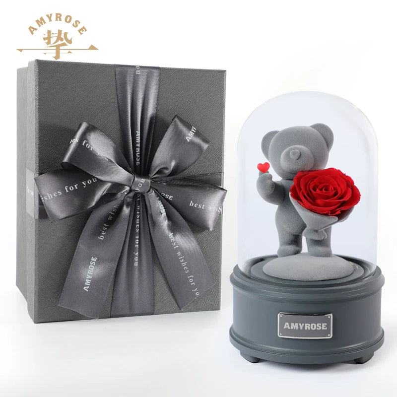 Astricos Timeless Love Eternal Flower Gift - Exquisite Rose Bouquet with Cute Bear and Bunny for Special Occasions - Astricos