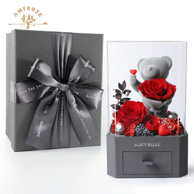 Astricos Timeless Love Eternal Flower Gift - Exquisite Rose Bouquet with Cute Bear and Bunny for Special Occasions - Astricos