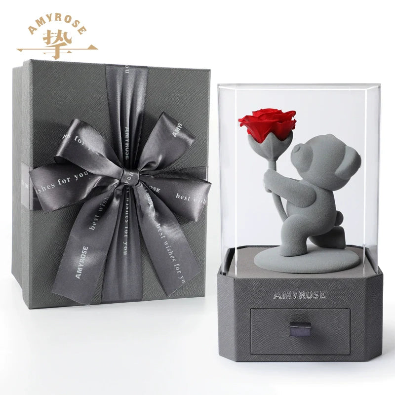 Astricos Timeless Love Eternal Flower Gift - Exquisite Rose Bouquet with Cute Bear and Bunny for Special Occasions - Astricos