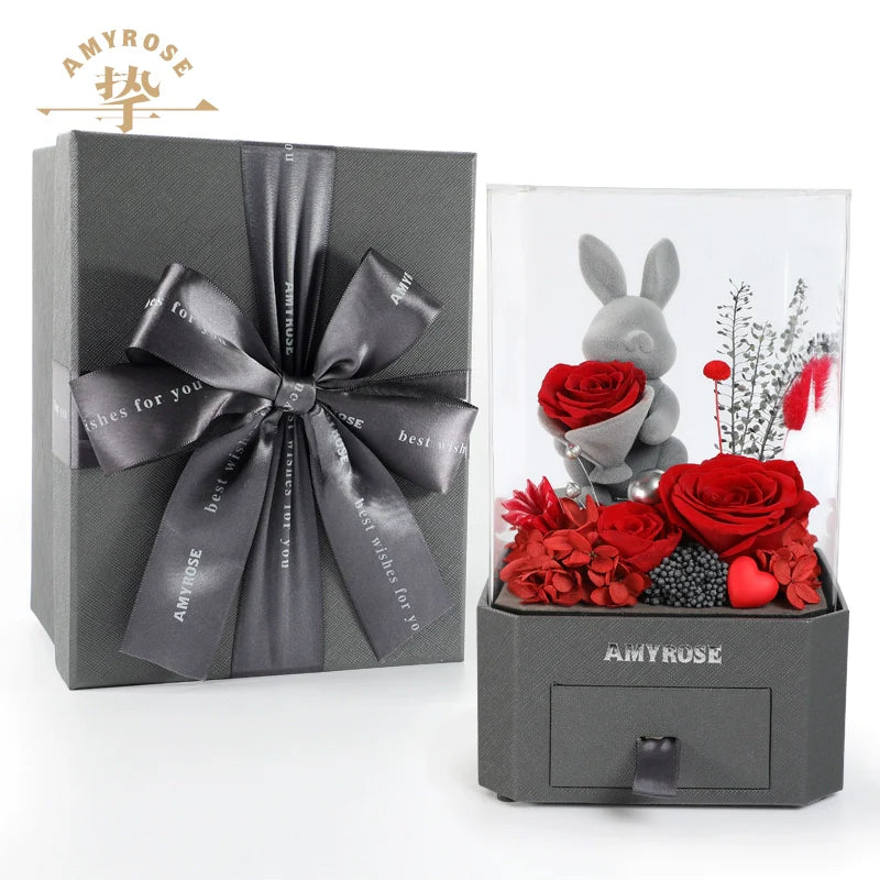 Astricos Timeless Love Eternal Flower Gift - Exquisite Rose Bouquet with Cute Bear and Bunny for Special Occasions - Astricos