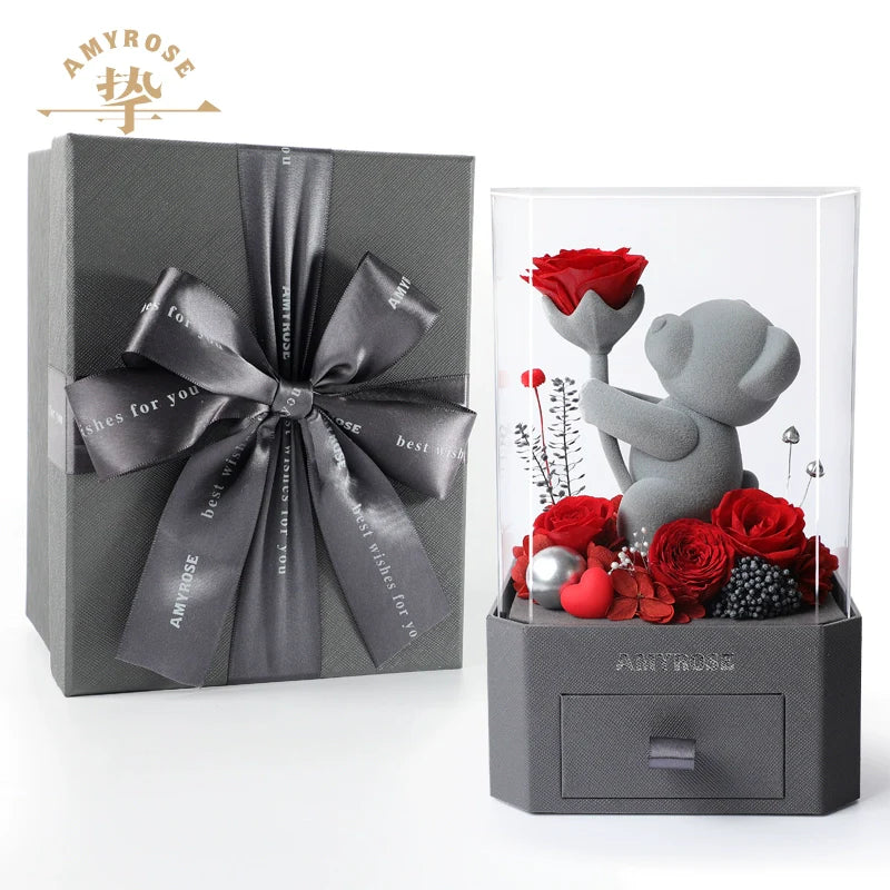 Astricos Timeless Love Eternal Flower Gift - Exquisite Rose Bouquet with Cute Bear and Bunny for Special Occasions - Astricos