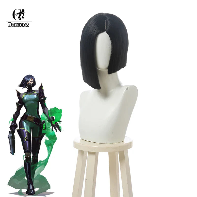 Astricos Game Valorant Viper Cosplay Wigs - 35cm Short Black Wig for Halloween - Astricos