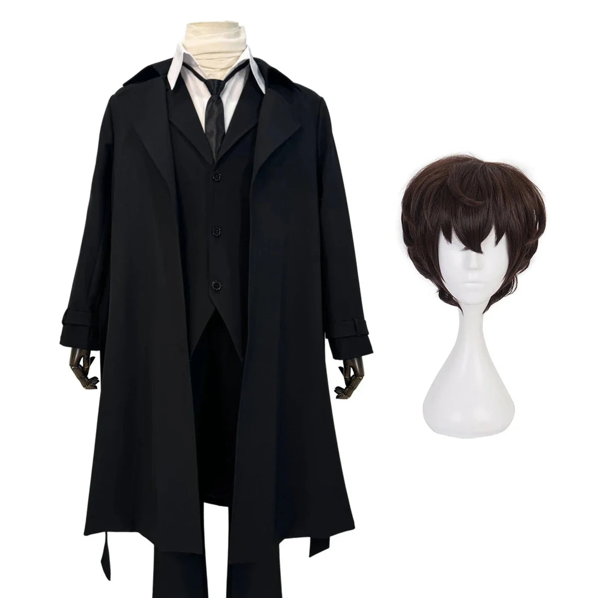 Astricos Dazai Osamu Cosplay Costume - Premium Black Coat, Elastic Pants, Shirt, Tie, Wig for Anime Enthusiasts - Astricos