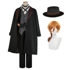 Astricos Nakahara Chuuya Cosplay Costume Set - Oversize Coat, Elastic Pants, Shirt, Vest, Hat, Gloves, Choker - Astricos