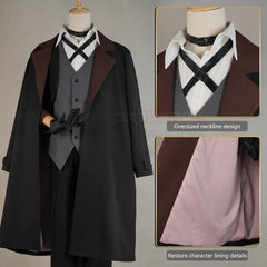 Astricos Nakahara Chuuya Cosplay Costume Set - Oversize Coat, Elastic Pants, Shirt, Vest, Hat, Gloves, Choker - Astricos