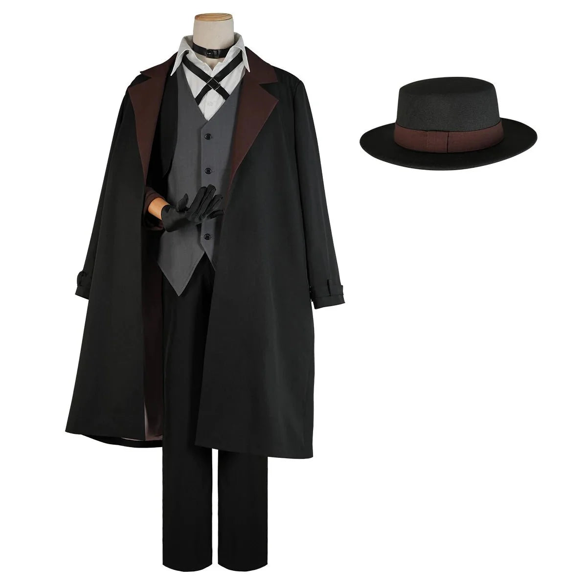 Astricos Nakahara Chuuya Cosplay Costume Set - Oversize Coat, Elastic Pants, Shirt, Vest, Hat, Gloves, Choker - Astricos