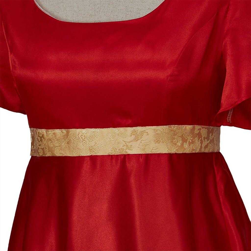 Elegant Christmas Red Empire Waist Gown with Gold Waistband | Astricos Regency Style Cosplay - Astricos