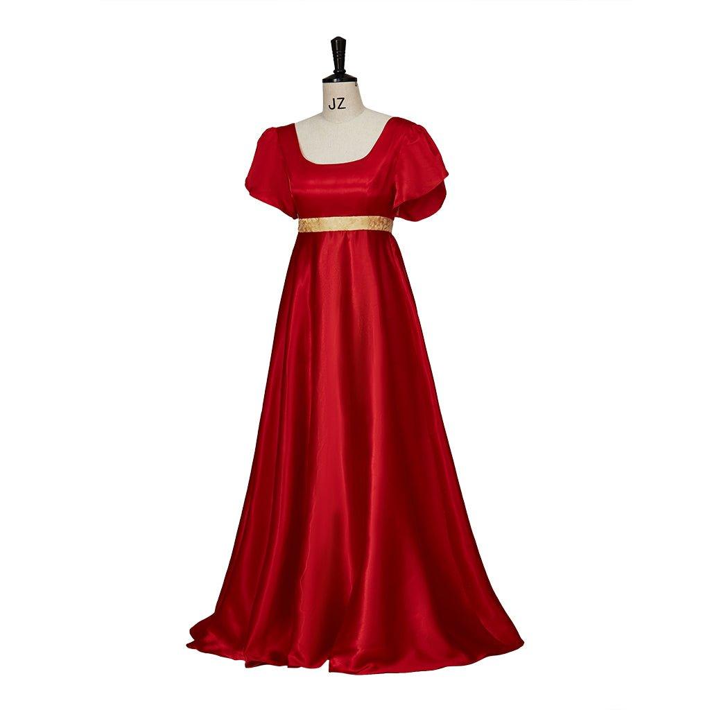 Elegant Christmas Red Empire Waist Gown with Gold Waistband | Astricos Regency Style Cosplay - Astricos