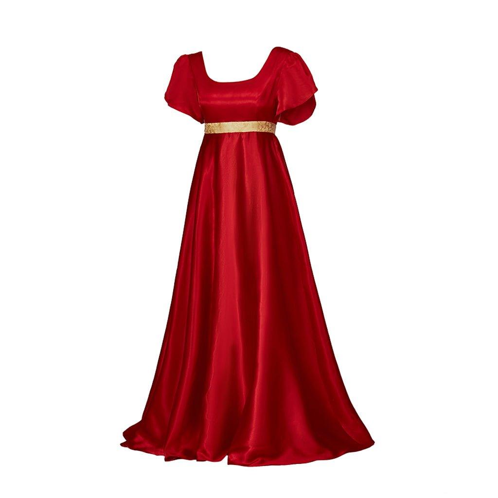 Elegant Christmas Red Empire Waist Gown with Gold Waistband | Astricos Regency Style Cosplay - Astricos