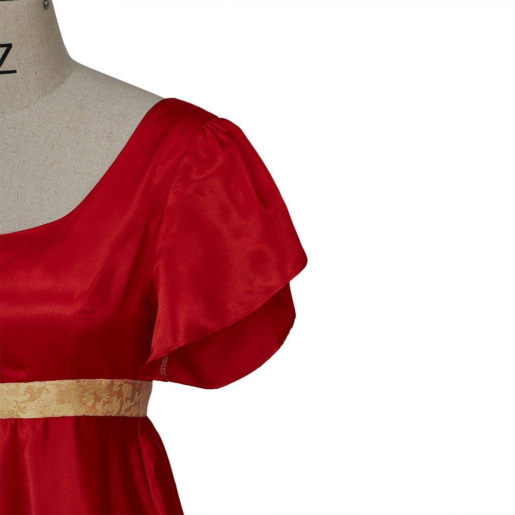 Elegant Christmas Red Empire Waist Gown with Gold Waistband | Astricos Regency Style Cosplay - Astricos