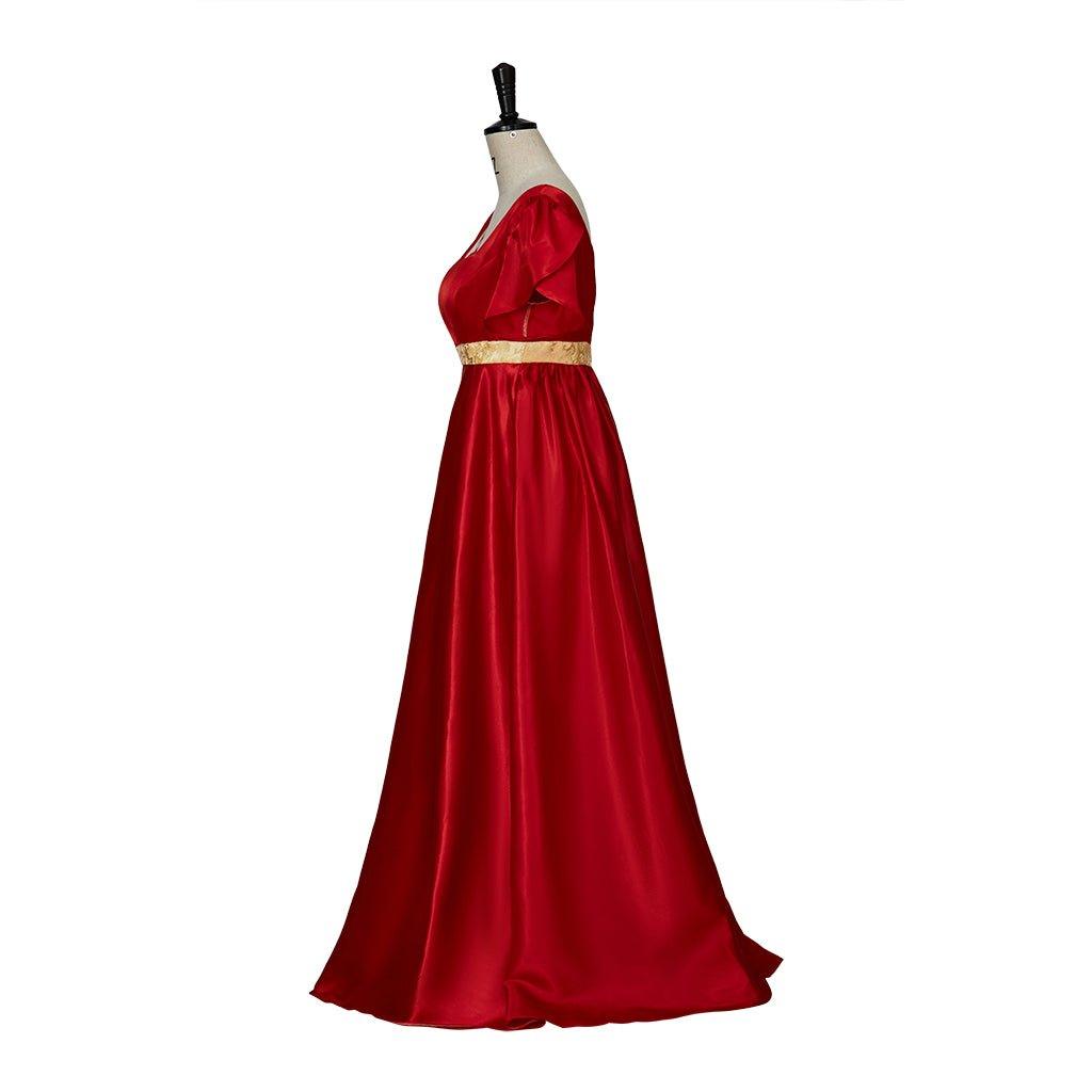 Elegant Christmas Red Empire Waist Gown with Gold Waistband | Astricos Regency Style Cosplay - Astricos