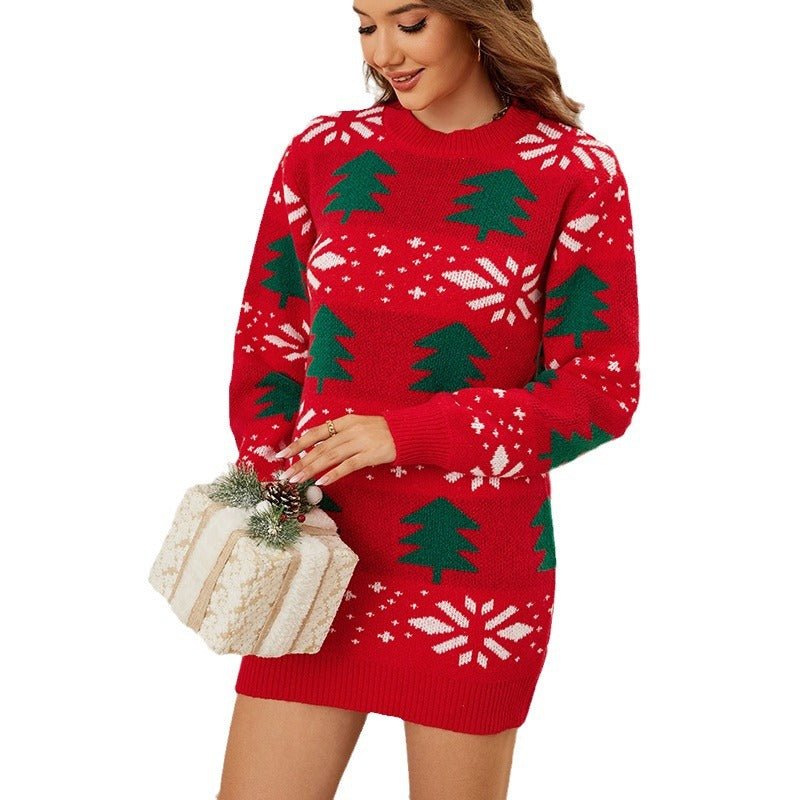 2024 New Red Long Pullover Holiday Knitwear for Women - Astricos Christmas Tree Knitted Sweater Dress - Astricos