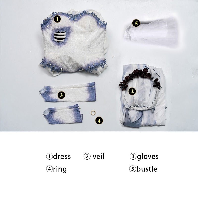 Astricos Corpse Bride Emily Cosplay Wig & Gothic Zombie Ghost Halloween Costume Set - Astricos