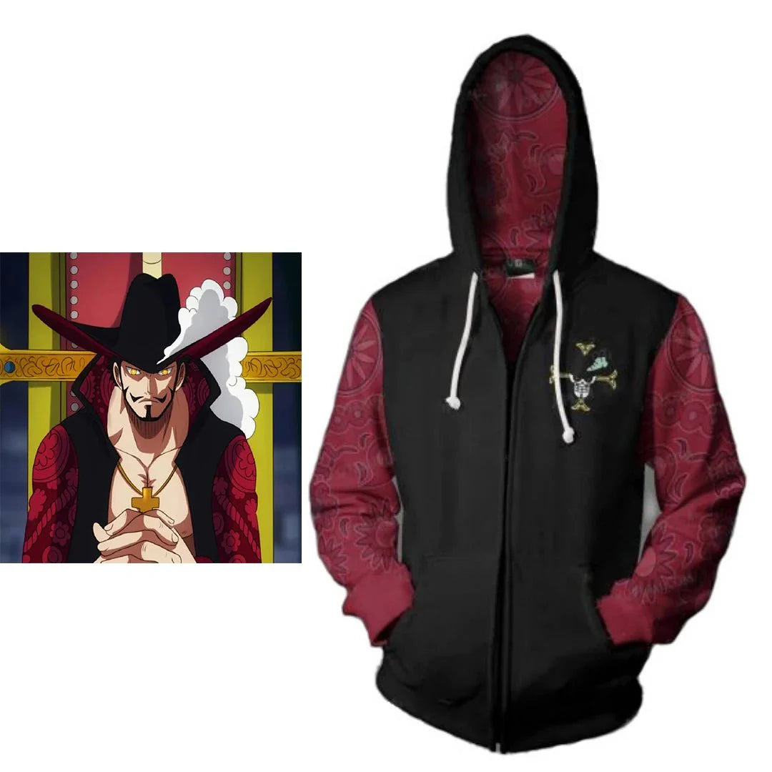 Astricos Dracule Mihawk Cosplay Anime Unisex Zipper Pullover Hoodie for Halloween and Comic Con - Astricos