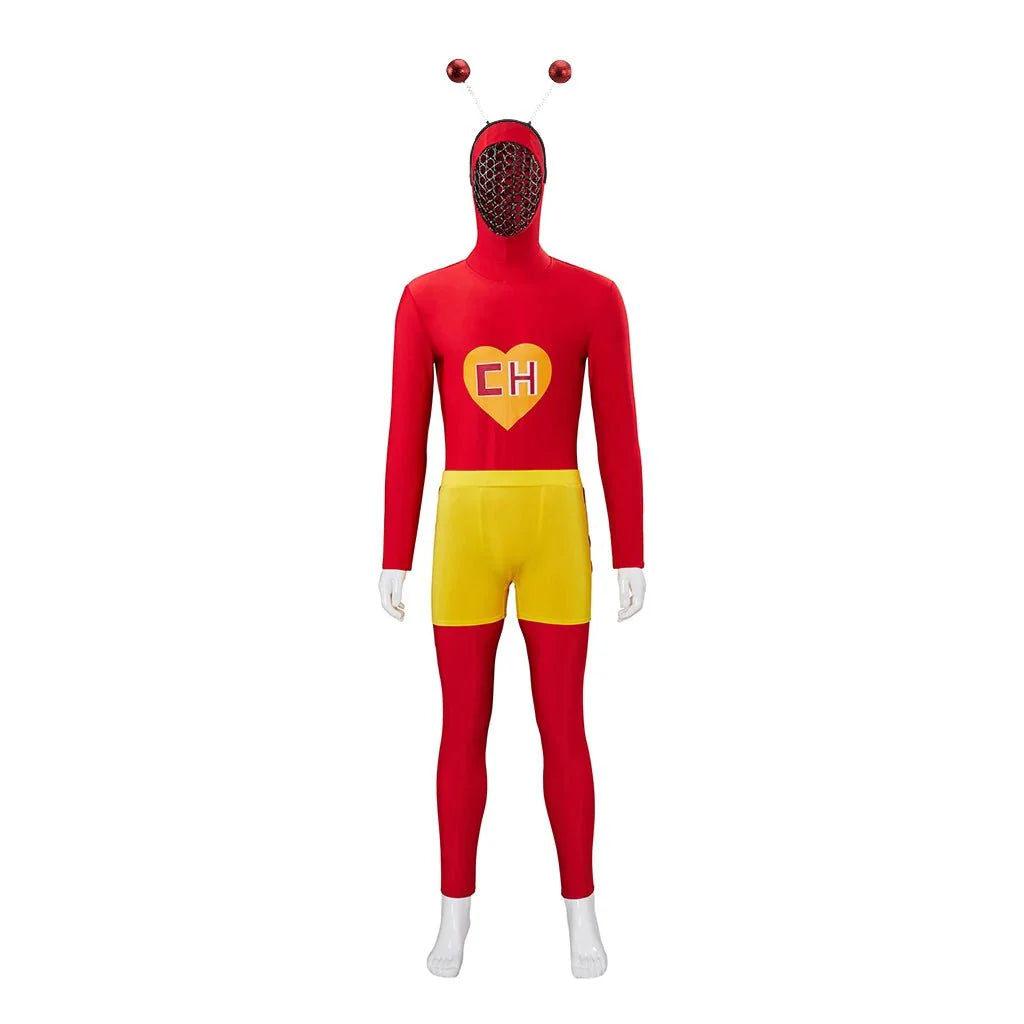 Astricos El Chapulin Colorado Costume - Red Bodysuit with Heart Print for Men's Halloween Cosplay - Astricos