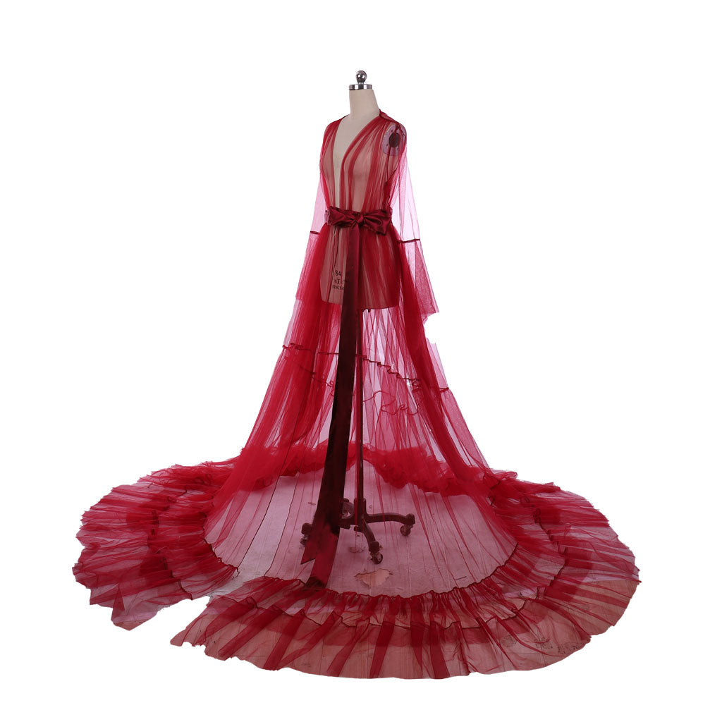 Astricos 18th Century Medieval Red Tulle Bridal Boudoir Robe with Sheer Illusion - Astricos