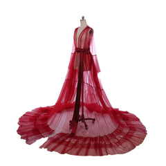 Astricos 18th Century Medieval Red Tulle Bridal Boudoir Robe with Sheer Illusion - Astricos