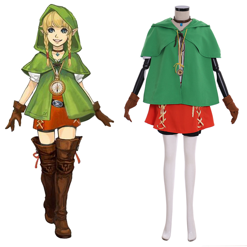 Astricos Linkle Cosplay Elf Costume Full Set with Green Cloak, Shirt, Pants, Skirt - Astricos